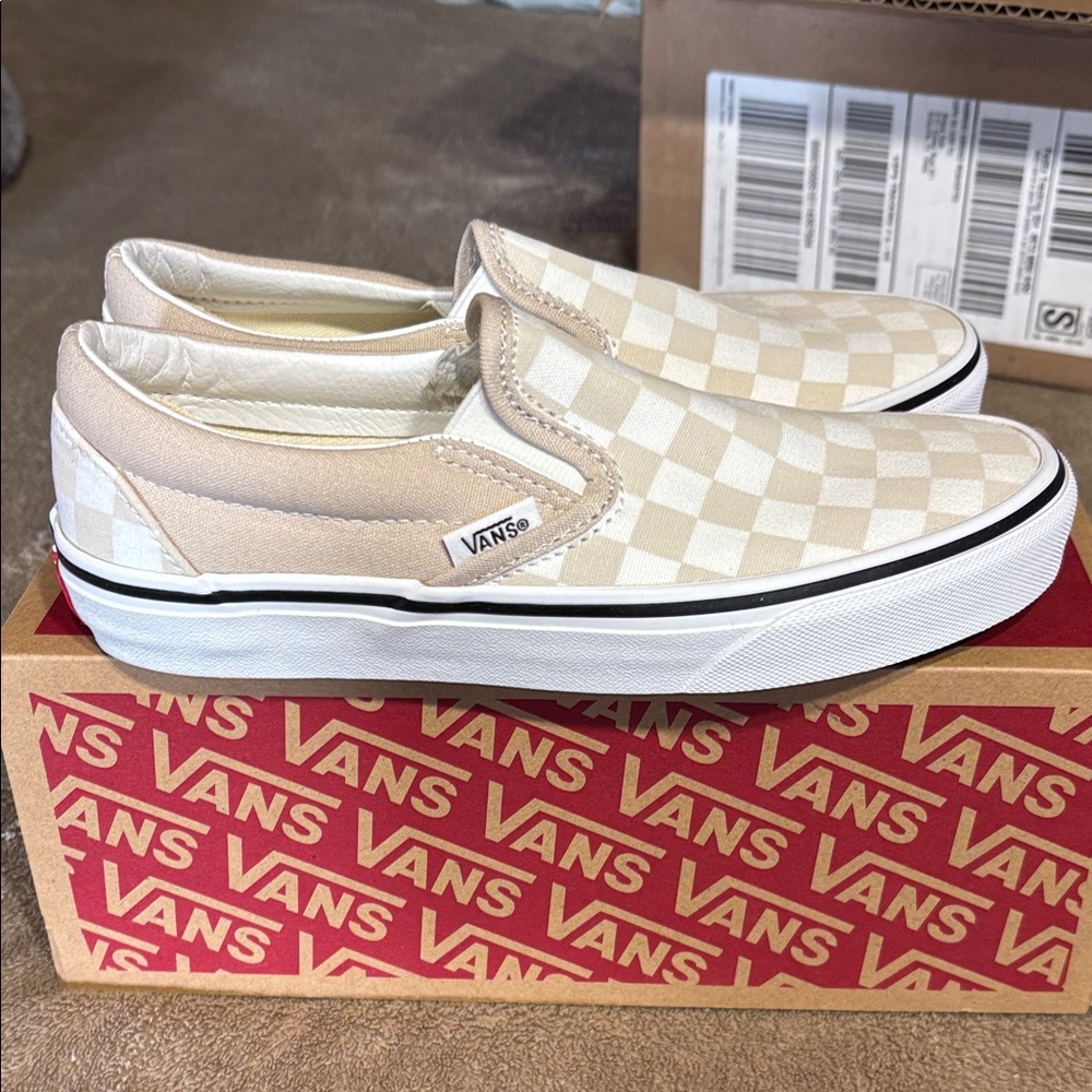 Vans Beige and White Checkered Slip-Ons